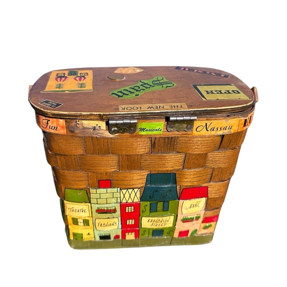 Caro Nan Signed Unique Vintage 1960s Hand Painted Hinged Basket Wooden Lid - Picture 5 of 5